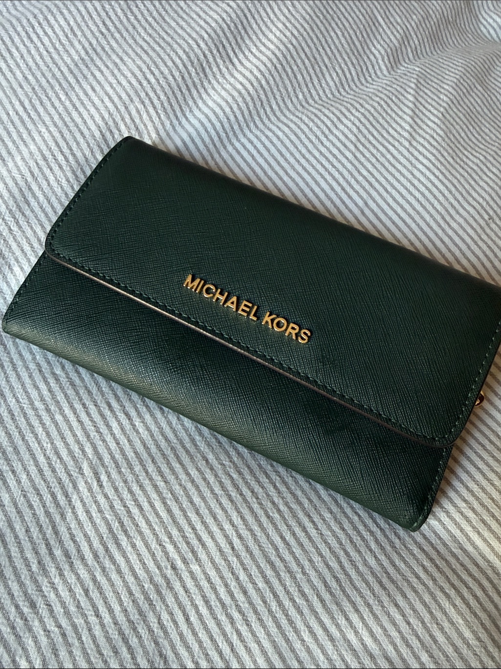Michael Kors Dark Green Saffiano Leather Key  Card Holder With Gold Logo
